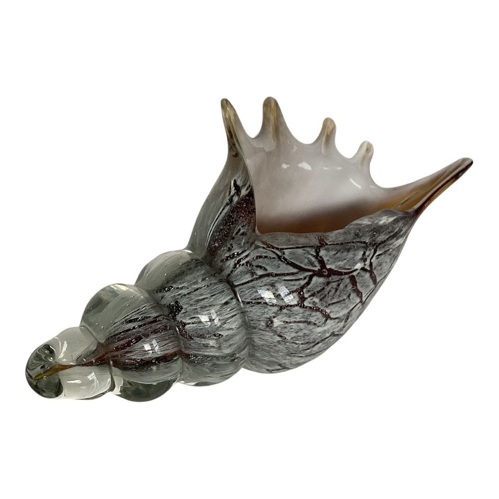Murano Style Conch Seashell Studio Art Glass Sculpture Figurine Gray Brown White